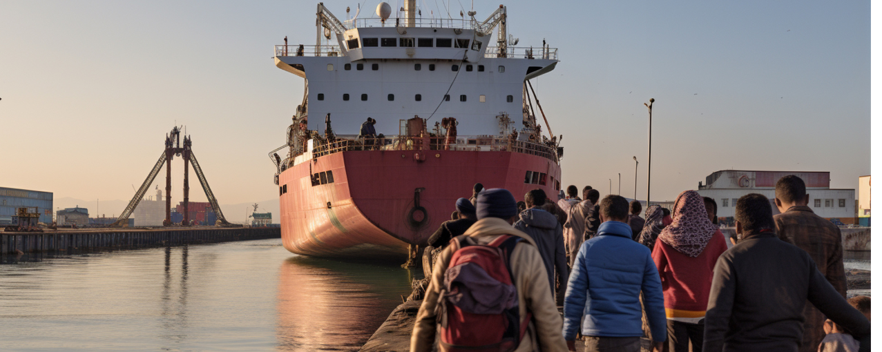 Pessoas caminhando em direção ao navio atracado em canal.