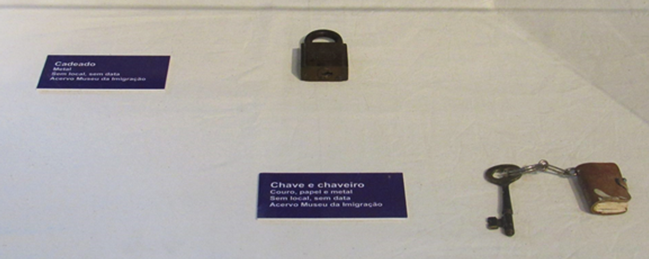 Imagem mostra um cadeado e uma chave (com chaveiro) em cima de um pano branco e pequenas placas azuis com informações ao lado de cada peça